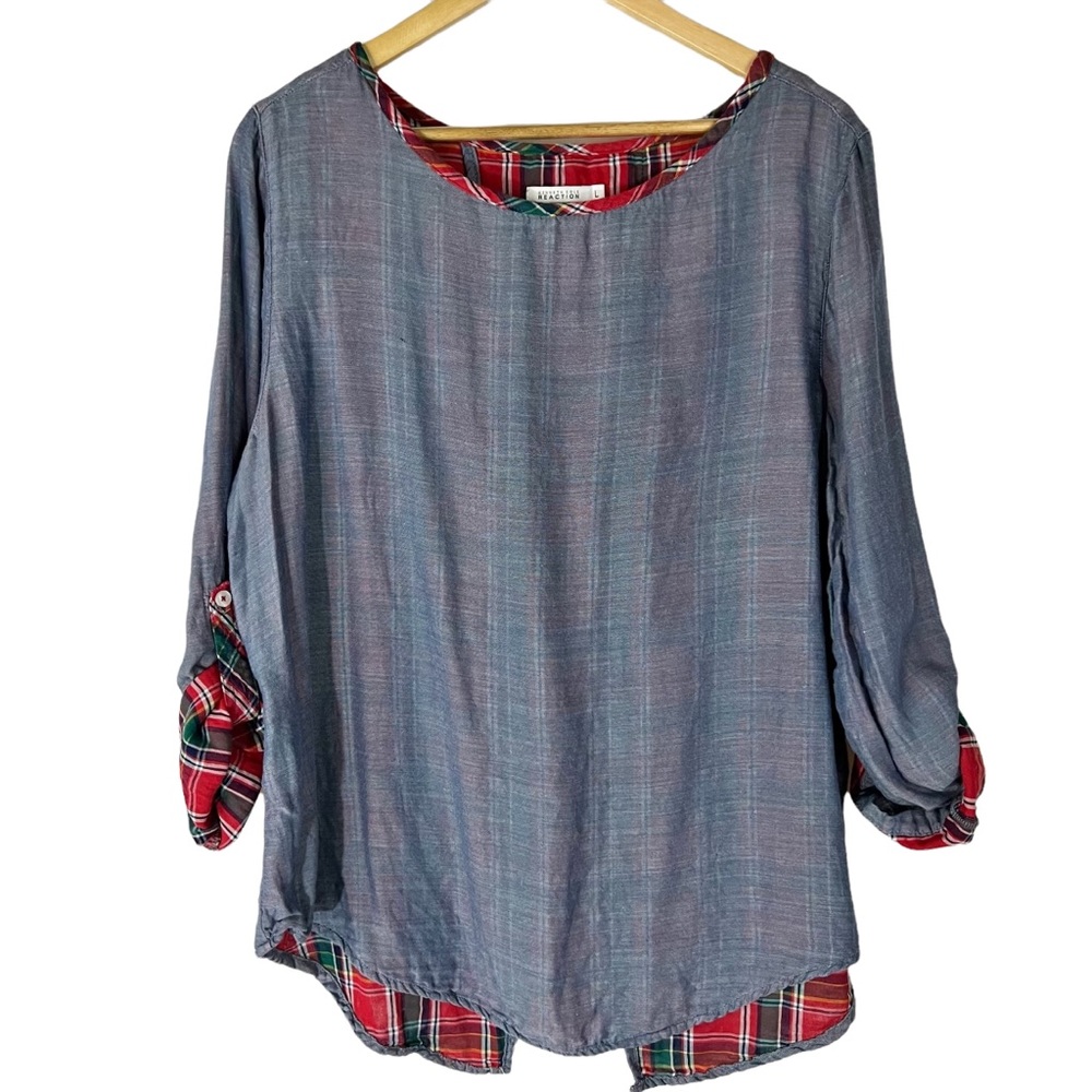 KENNETH COLE REACTION Chambray top with Plaid trim and lining